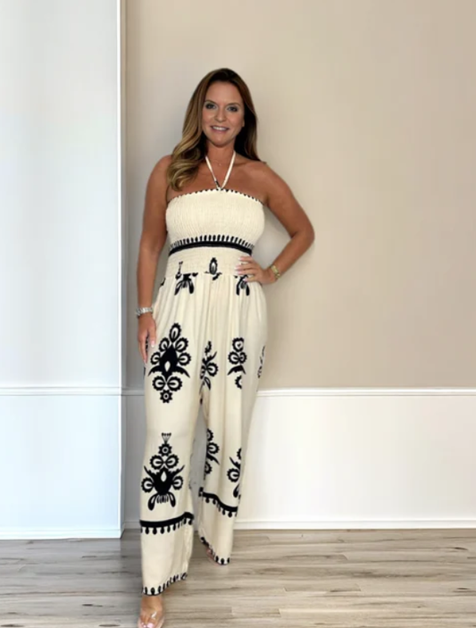 Gorgeous printed bardot smocked jumpsuit