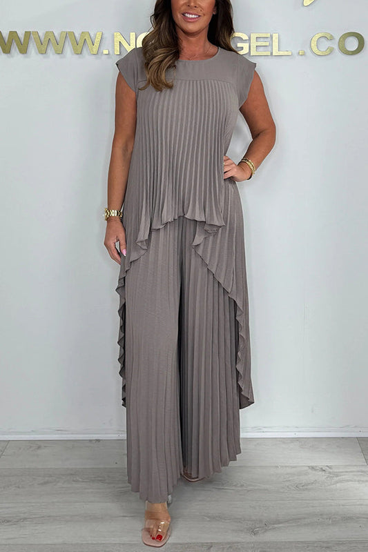 Laney Pleated Short Sleeve Irregular Midi Top and Elastic Waist Wide Leg Pants Set