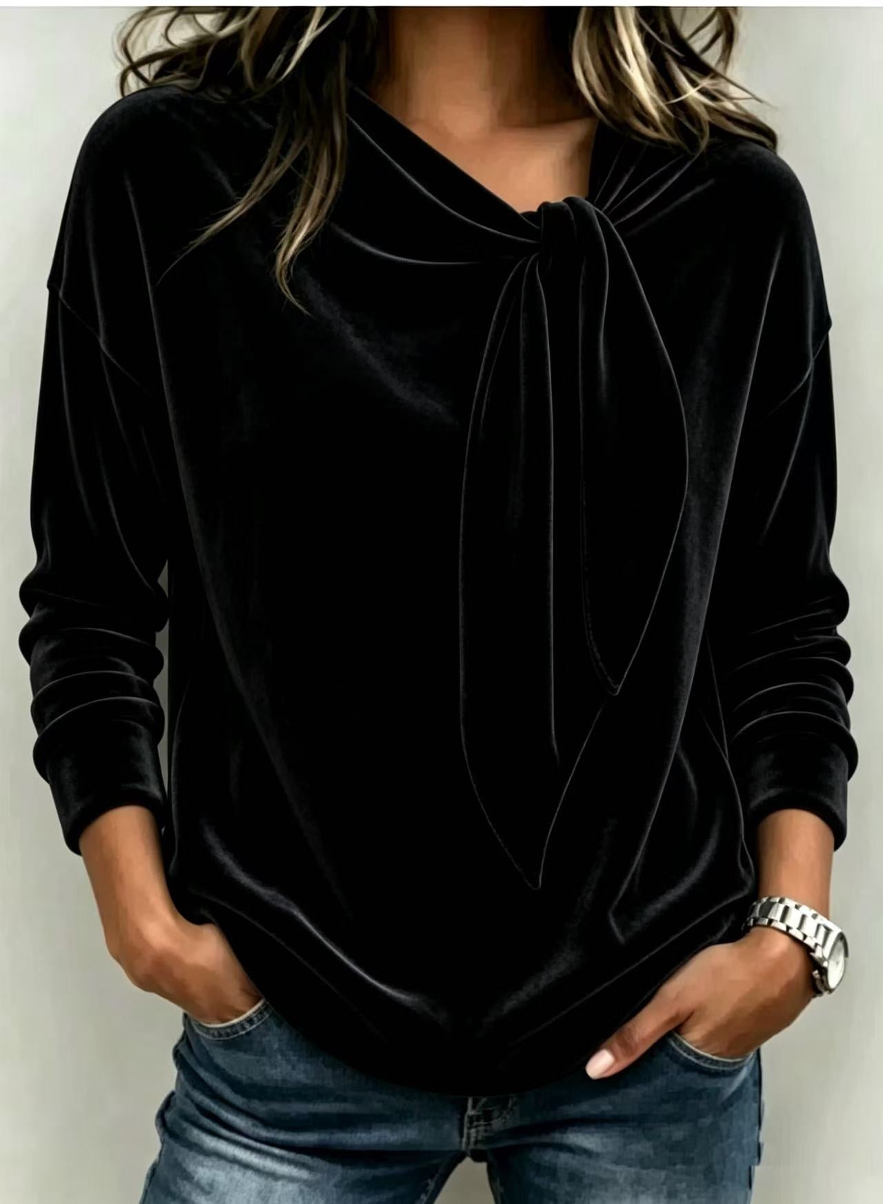 🌸Hot Sale 50% OFF!✨Fall Women Velvet Bow Tie Neck Long Sleeve Top