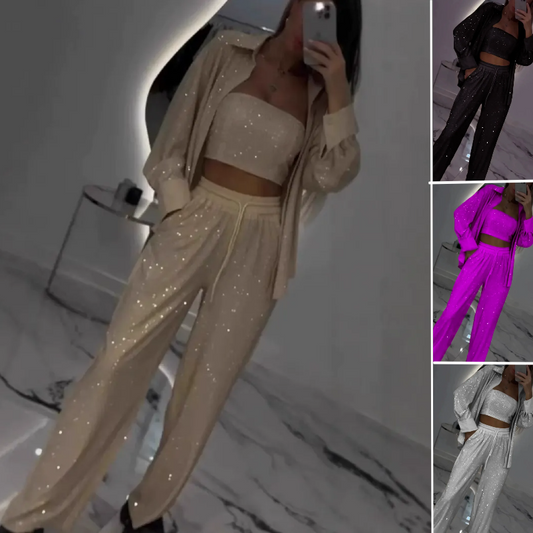 💕2025 HOT SALE💐Sequin blazer and wide trousers for women (3-piece set)