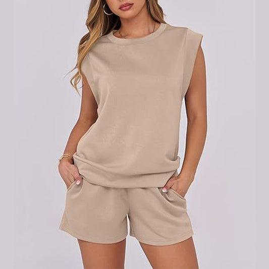 Women's Cap Sleeve Crewneck Top & Drawstring Shorts 2-Piece Set