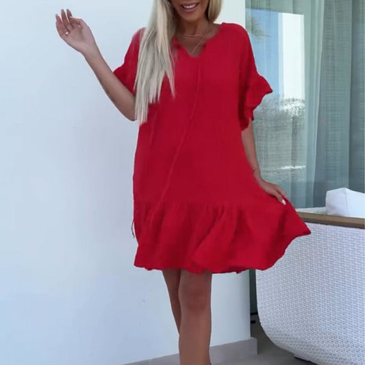 💖LAST DAY SALE 50% OFF💖Women's Floral Trim Short Sleeve Solid Color Short Dresses(The more you buy, the higher the discount)