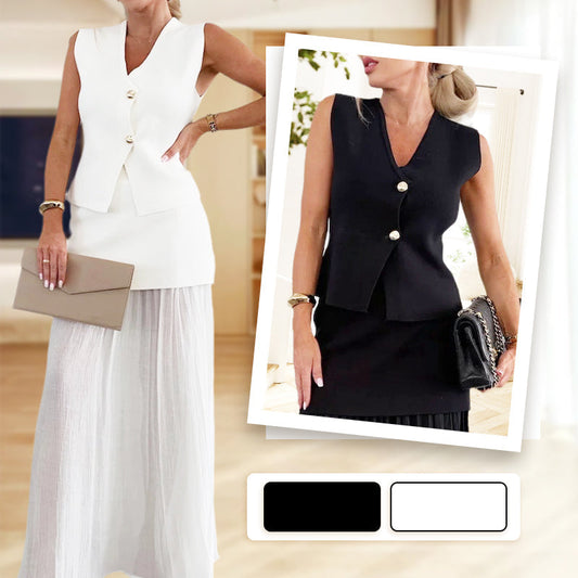 Knitted Vest & Patchwork Midi Skirt 2-Piece Set