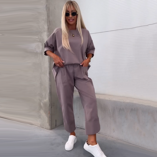 Women’s Casual Solid Short-Sleeve Tops & Pants Two-Piece Set