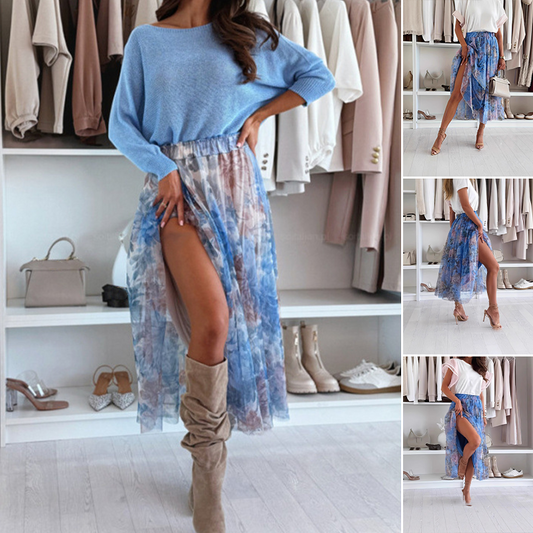 Women's Elegant Floral Printed Elastic Long Skirt