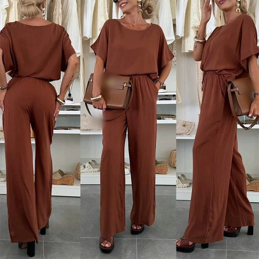 Solid Color Short Sleeve Top & Drawstring Pants 2-Piece Set