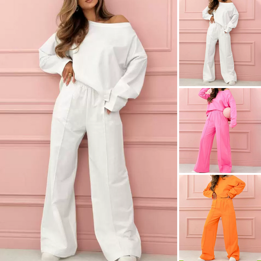 Fashionable and Minimalist Round Neck Top & Wide Leg Pants 2-Piece Set