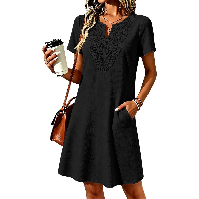💥✨Limited-time 50% Off Special Offer👗Women's Bohemian Lace V-Neck T-Shirt Dress – Effortless Summer Chic✨