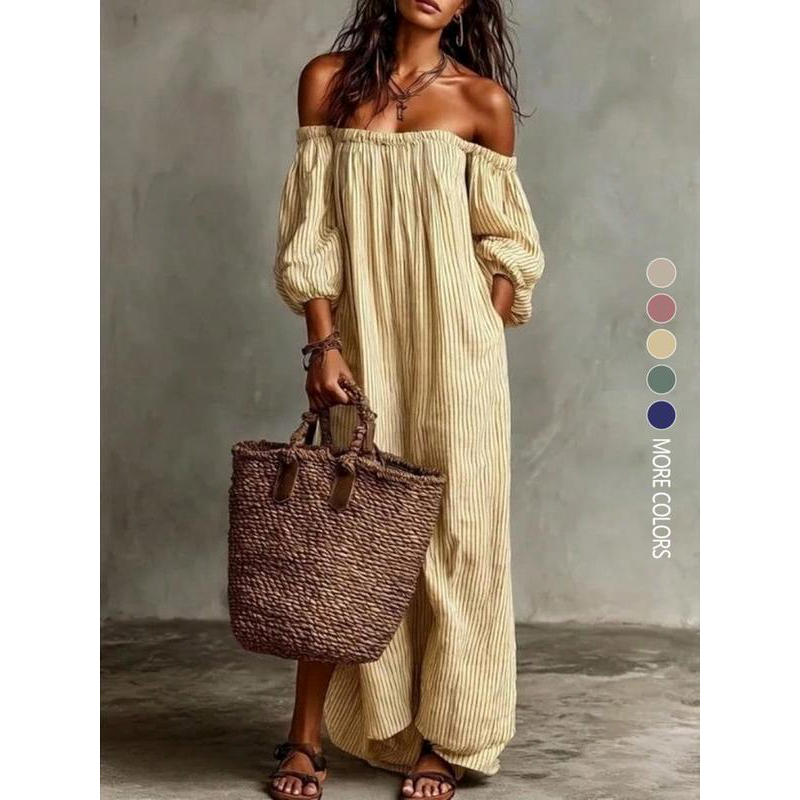 ๐ LIMITED-TIME 50% OFF! โจ Women's Off-Shoulder Maxi Dress โ Lantern Sleeves, Relaxed Fit, Side Pockets ๐ธ