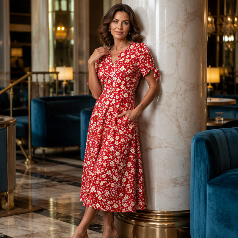 โ๏ธ๐Top Pick - Casual Floral Midi Dress with V-Neck โ Soft Drape & Romantic Print