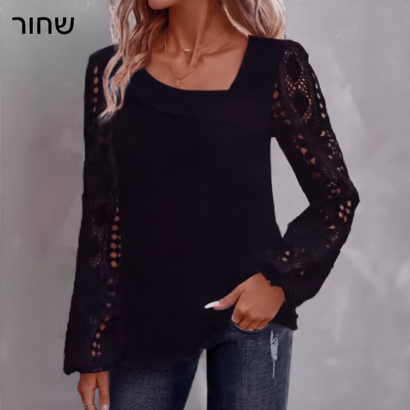 חולצת נשים עם שרוולים ארוכים, עיצוב חיתוכים ושיבוץ תחרה
