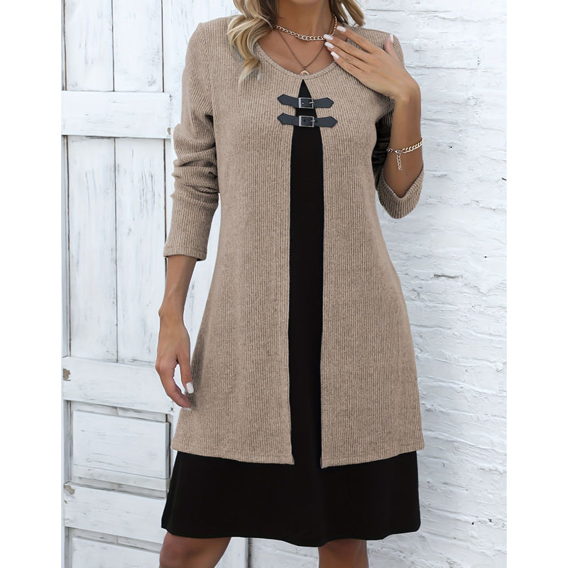 שמלת נשים קז'ואלית סרוגה מצולעת עם שרוולים ארוכים