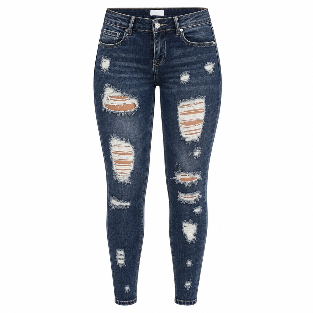 👖 סטרץ' מעצב, קצוות מרופטים | ג'ינס סקיני קרועים בגובה גבוה לנשים