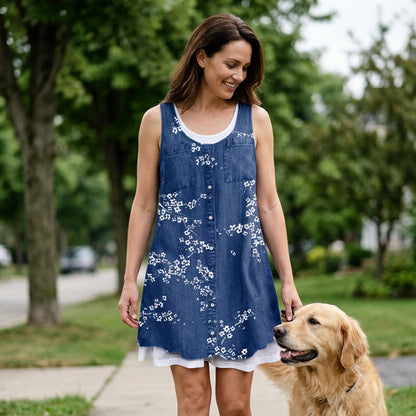 💗👗LAST DAY SALE 60% OFF⚡Women's Faux Two-Piece Denim Print Dress - Throw It On And Look Instantly Put Together✨