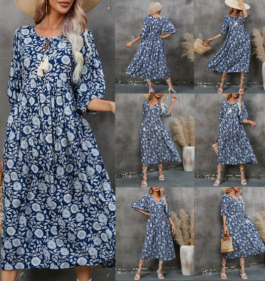 🌸Summer Sale -50% off🌸Women’s Elegant Floral Print V-Neck Long Dress