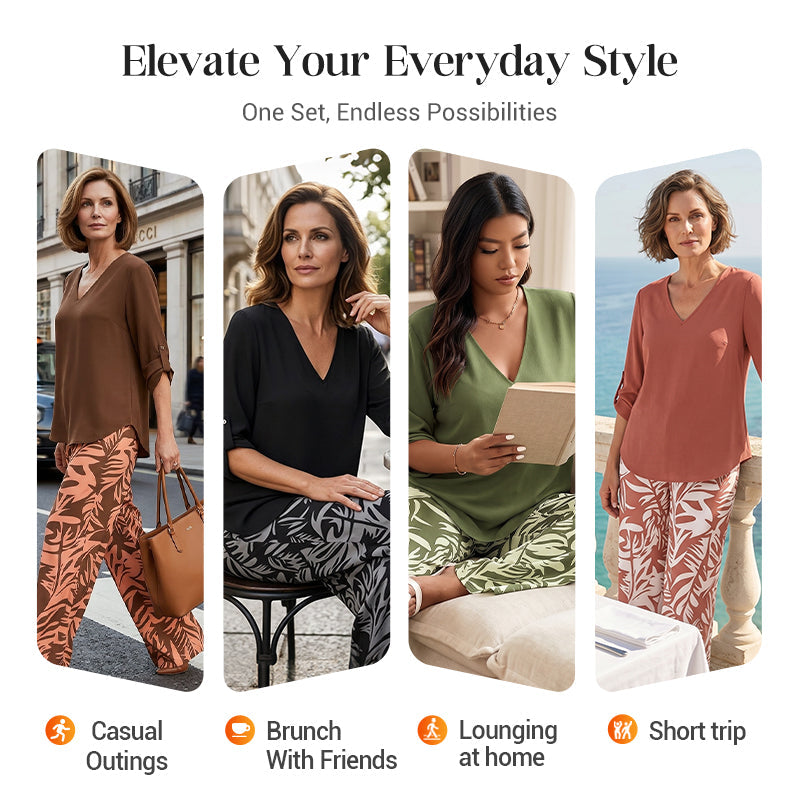 Women's V-Neck Blouse & Printed Wide-Leg Pants Set