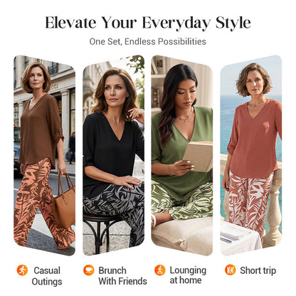 Women's V-Neck Blouse & Printed Wide-Leg Pants Set