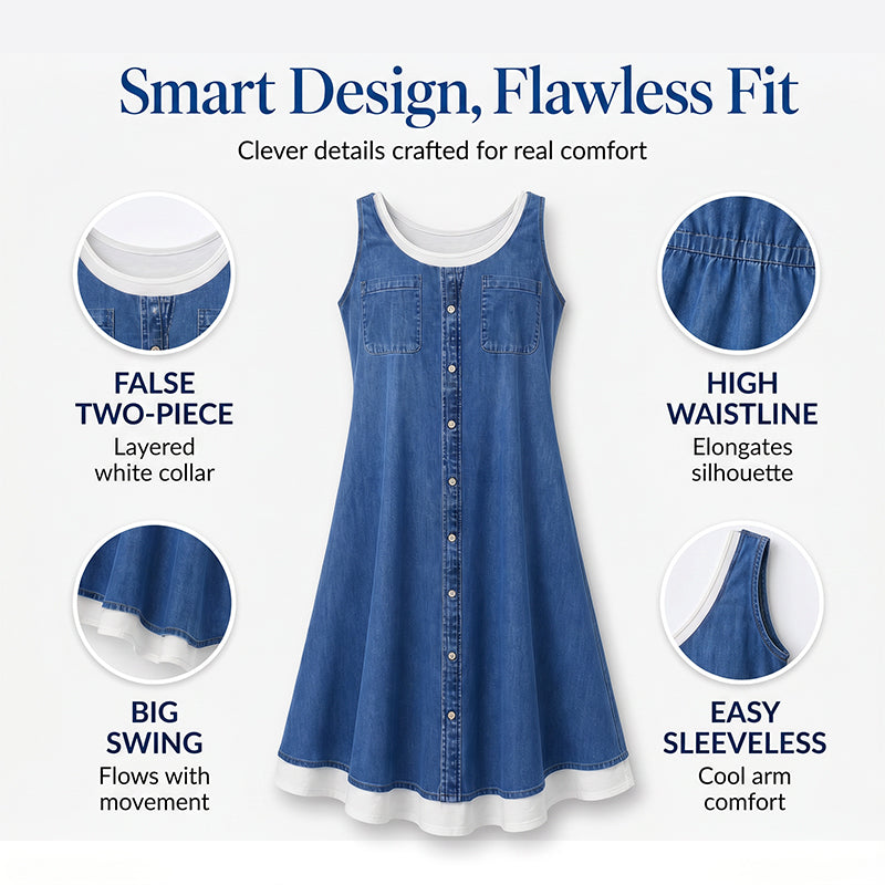 💗👗LAST DAY SALE 60% OFF⚡Women's Faux Two-Piece Denim Print Dress - Throw It On And Look Instantly Put Together✨