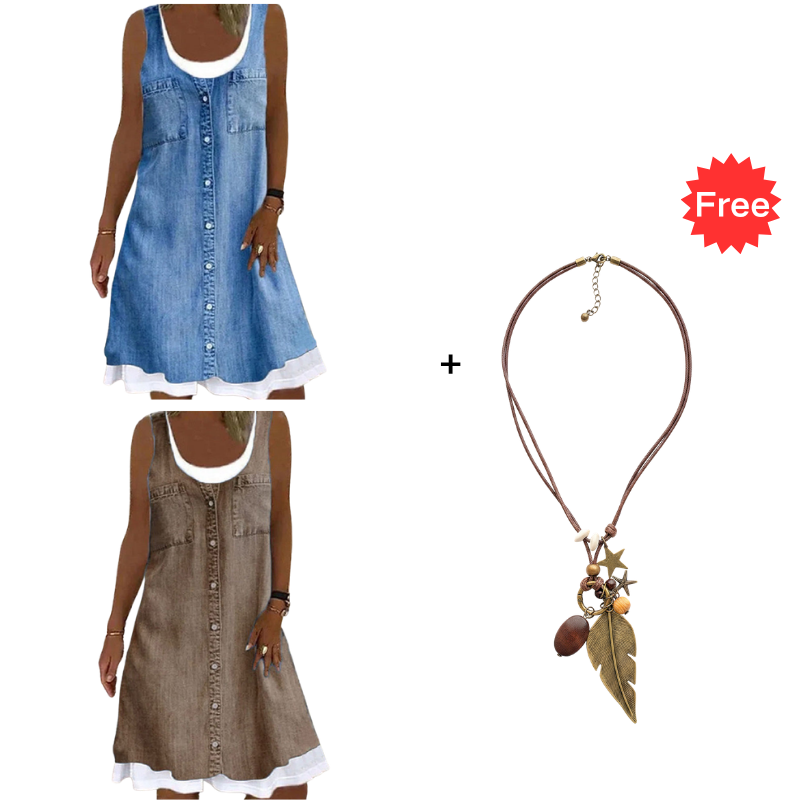 💗👗LAST DAY SALE 60% OFF⚡Women's Faux Two-Piece Denim Print Dress - Throw It On And Look Instantly Put Together✨