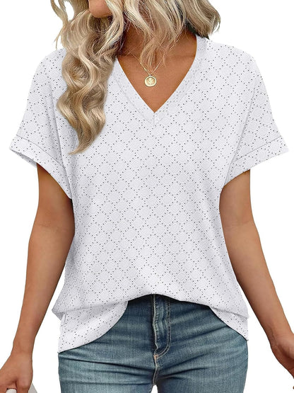 💖Buy 2 get 8% off🌷Summer Hot Sale 50% Off💕2025 Women's V Neck Eyelet Dressy Casual Basic Short Sleeve Tees