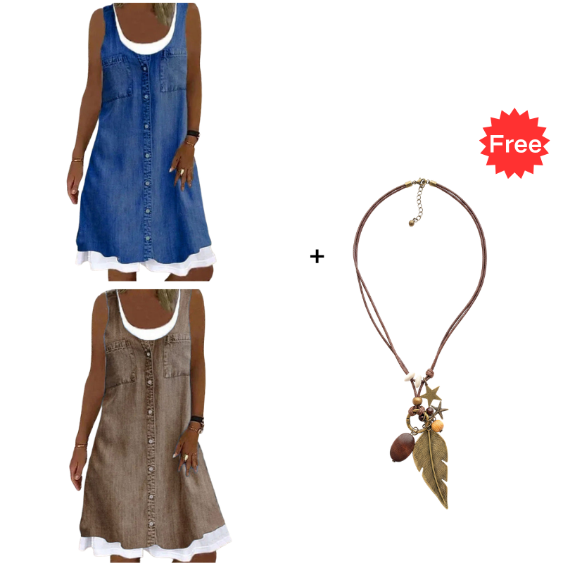 💗👗LAST DAY SALE 60% OFF⚡Women's Faux Two-Piece Denim Print Dress - Throw It On And Look Instantly Put Together✨