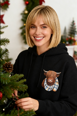 🎅מבצע חג המולד: 50% הנחה!!🎁🐄 סווטשירט קפוצ'ון חמוד ובטל פרווה עם הדפס פרה היילנד