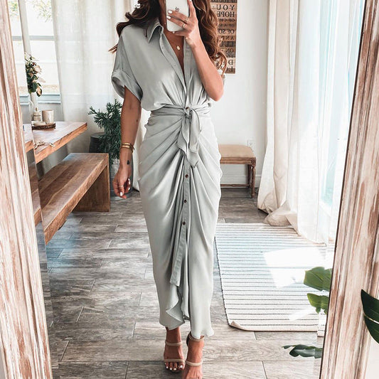 🔥 50% OFF🔥Women Satin Button Shirt Dress