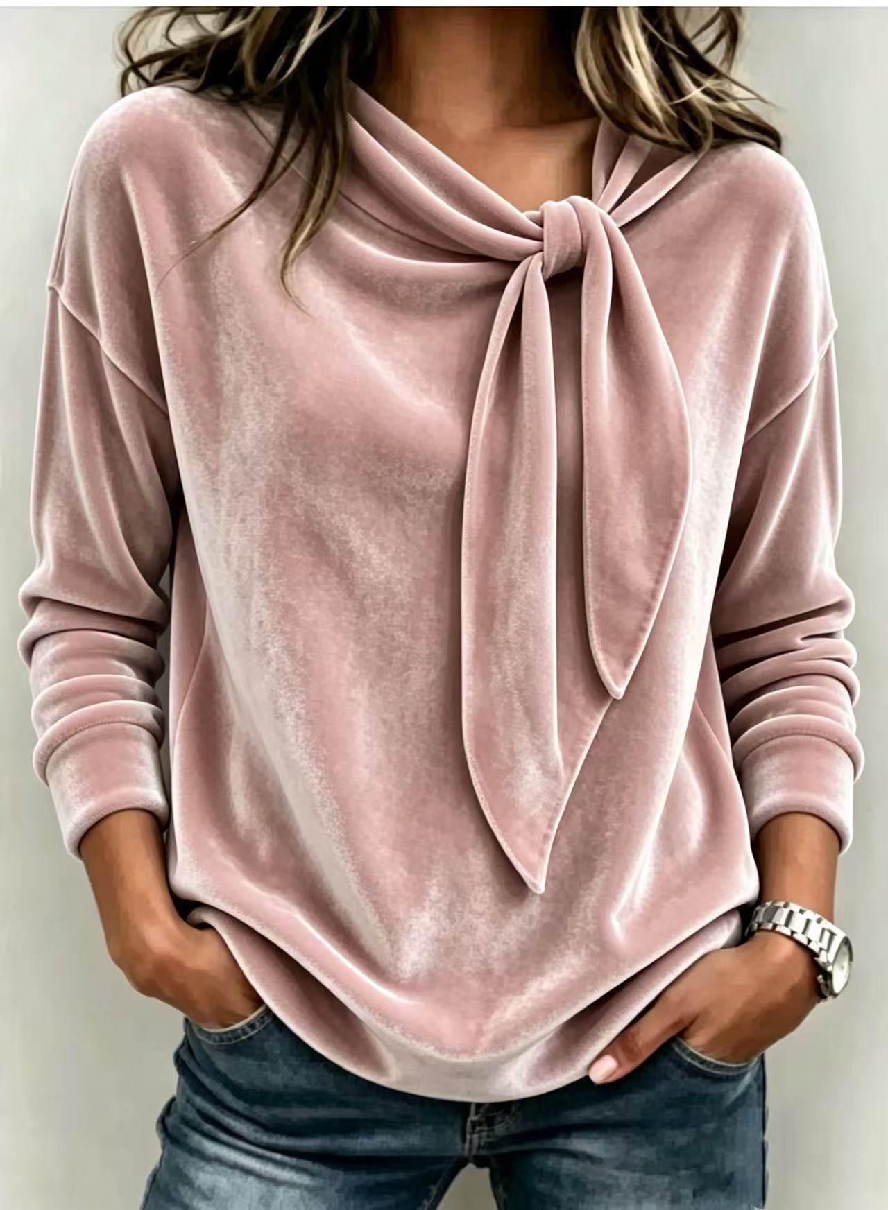 🌸Hot Sale 50% OFF!✨Fall Women Velvet Bow Tie Neck Long Sleeve Top