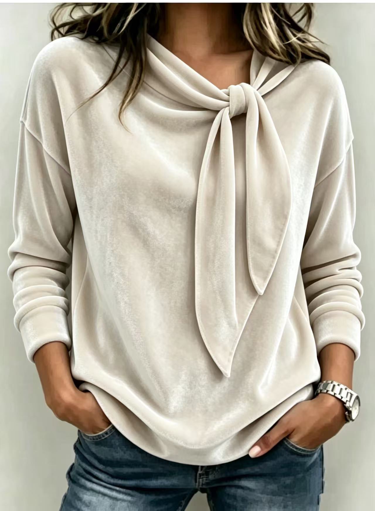 🌸Hot Sale 50% OFF!✨Fall Women Velvet Bow Tie Neck Long Sleeve Top