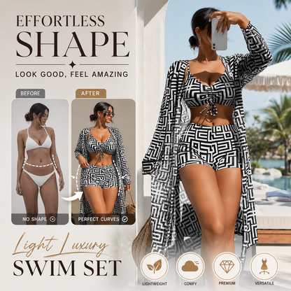 📢📢50% OFF !! ⏰Women's Geometric Print 3-Piece Swimwear Set | High-Waisted Tummy Control Bikini & Sheer Cover-Up | Summer Beach Holiday Outfit