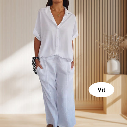 Women's two-piece V-neck shirt and trousers set