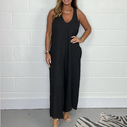 V-Neck Sleeveless Wide Leg Long Pants Jumpsuit