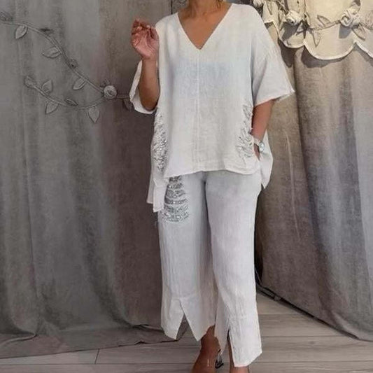 🔥Limited Time 50% OFF🔥Women's Cotton Linen V-Neck 2-Piece Set