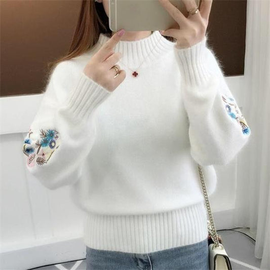 Cashmere Knitted Floral Embroidery Thick Sweater