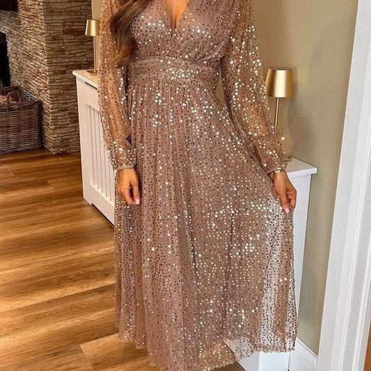 🎅Xmas Sales - 50% OFF🎄Elegant Sequin V-Neck Waist Cinching Dress