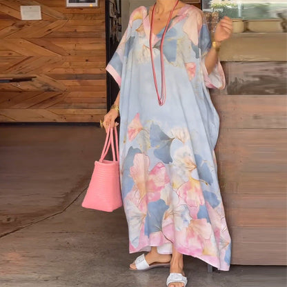 🔥 NEW SALES - 50% OFF🔥Floral Print Loose Long Dress with Half Sleeves