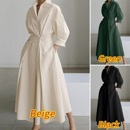 💥2025 Hot Sale💕Women's Plain Cotton Lapel Shirt Wrap Dress