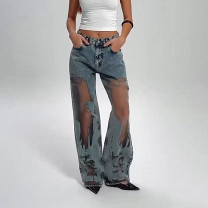🌸NEW HOT SALE🔥💥Women's Vintage Mesh Patchwork Printed Jeans👖
