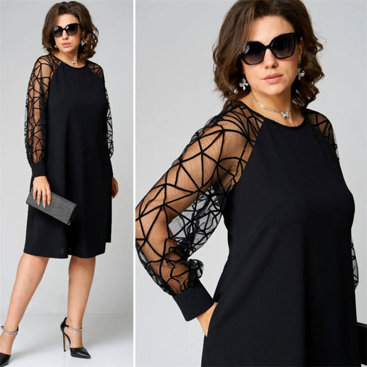 Loose Fit Black Tunic Dress with Mesh Sleeves