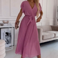 Women's Solid V-Neck Pleated Flowy Dress