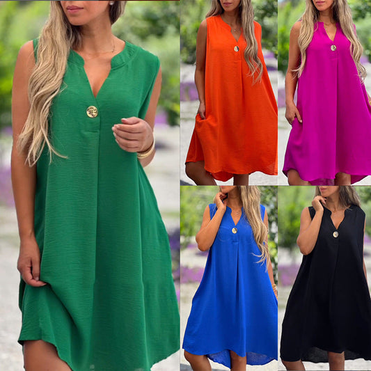 💖Limited Sale 50% OFF💖Solid Color Sleeveless V-Neck Dress with Button Decoration