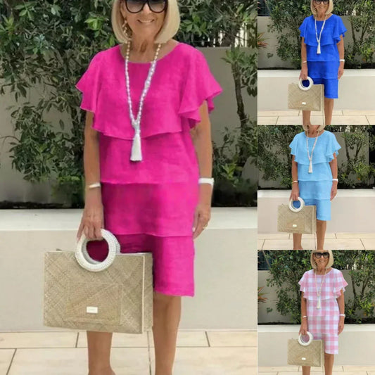 Ruffle Detail Short Sleeve Knee-Length Chiffon Dress