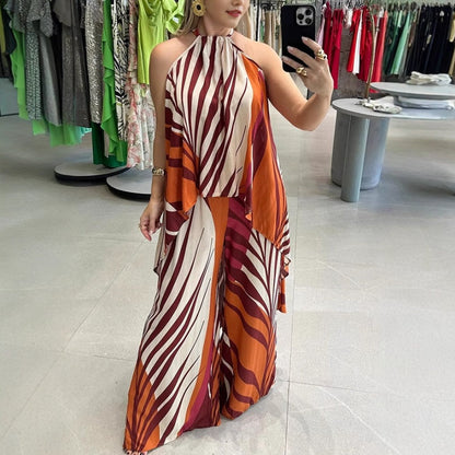 Printed High-Low Halter Top & Wide Leg Pants Set