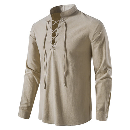 🌞 Stay Cool & Stylish With Men's Cotton-Linen Henley Shirt With High Collar And Long Sleeves🌿