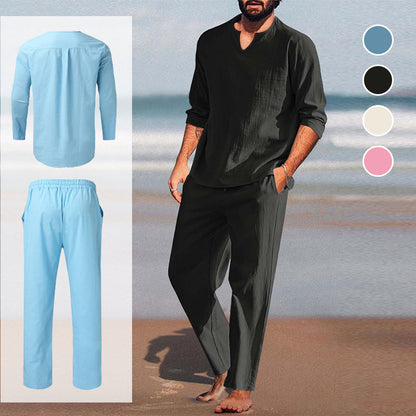 Men's Solid V-Neck Top ＆ Pants 2-Piece Set
