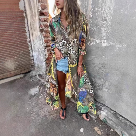 Printed Long Sleeve Lapel Open-Front Dress