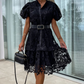 Women's Retro Short Sleeve Hollow Out Lace Dress