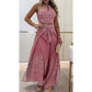 Women's Retro Pattern Ethnic Halter Sleeveless Top Wide Leg Pants Set