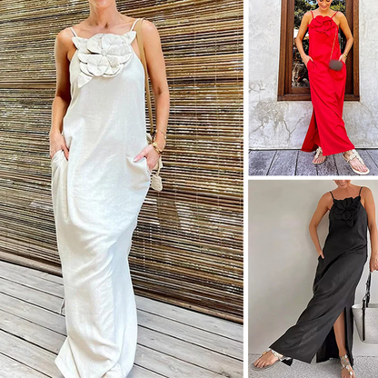 Women's Elegant Spaghetti Strap Maxi Dress with Floral Accent