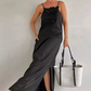 Women's Elegant Spaghetti Strap Maxi Dress with Floral Accent